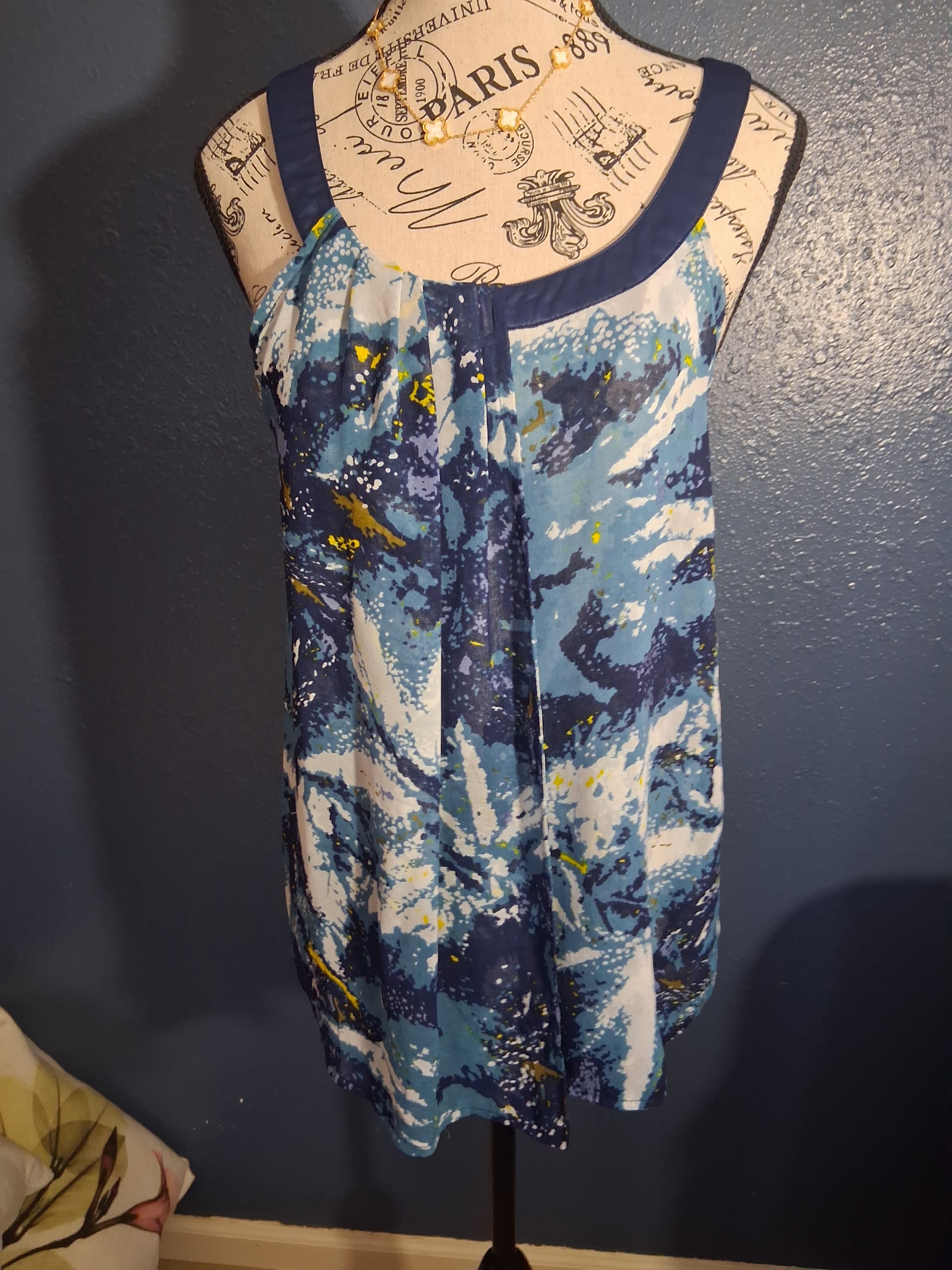Twentyone Womens Blue Abstract Print Tank Top Pleated Split Back Top Med